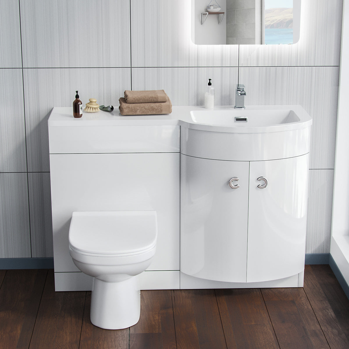 White 1100mm P-Shaped Vanity Unit RH Sink and Toilet Bathroom Furniture