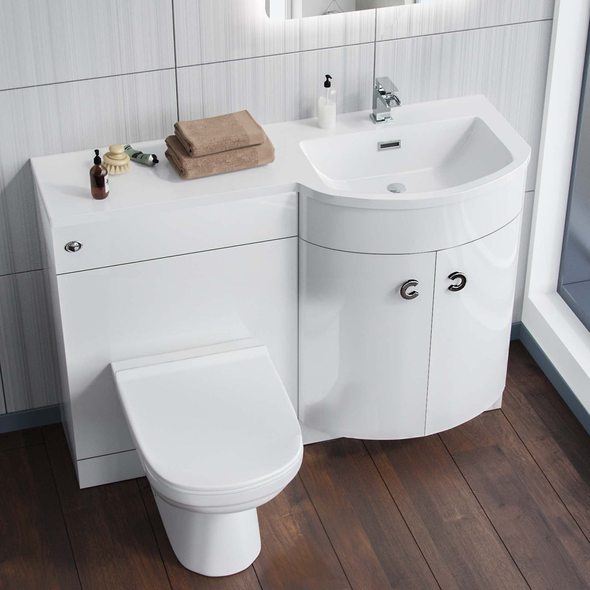White 1100mm P-Shaped Vanity Unit RH Sink and Toilet Bathroom Furniture