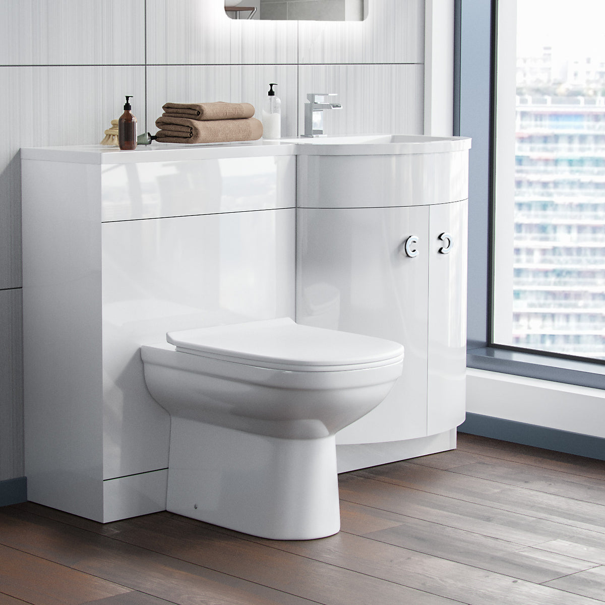 White 1100mm P-Shaped Vanity Unit RH Sink and Toilet Bathroom Furniture