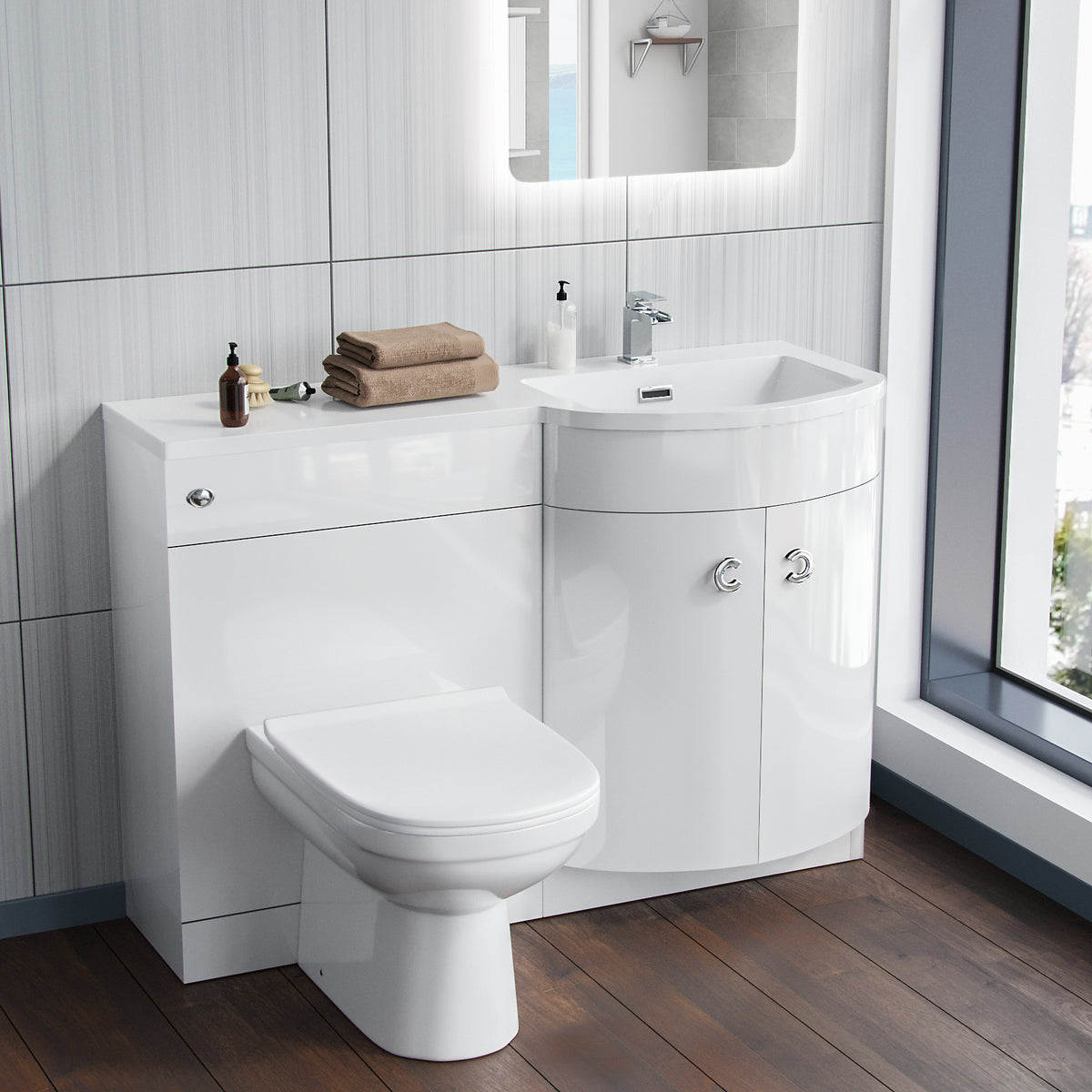 White 1100mm P-Shaped Vanity Unit RH Sink and Toilet Bathroom Furniture