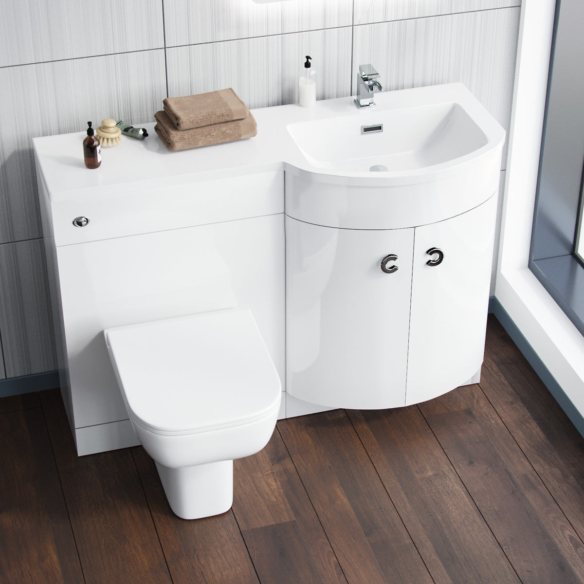 Dene 1100mm P Shaped RH White Vanity Basin Cabinet and Wc BTW Toilet Unit