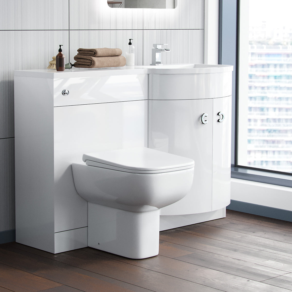 Dene 1100mm P Shaped RH White Vanity Basin Cabinet and Wc BTW Toilet Unit