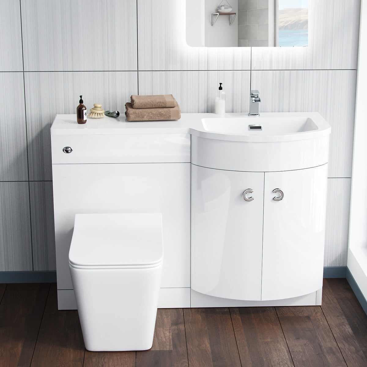 White 1100mm RH Vanity Unit and WC Toilet Sink Cabinet Combination