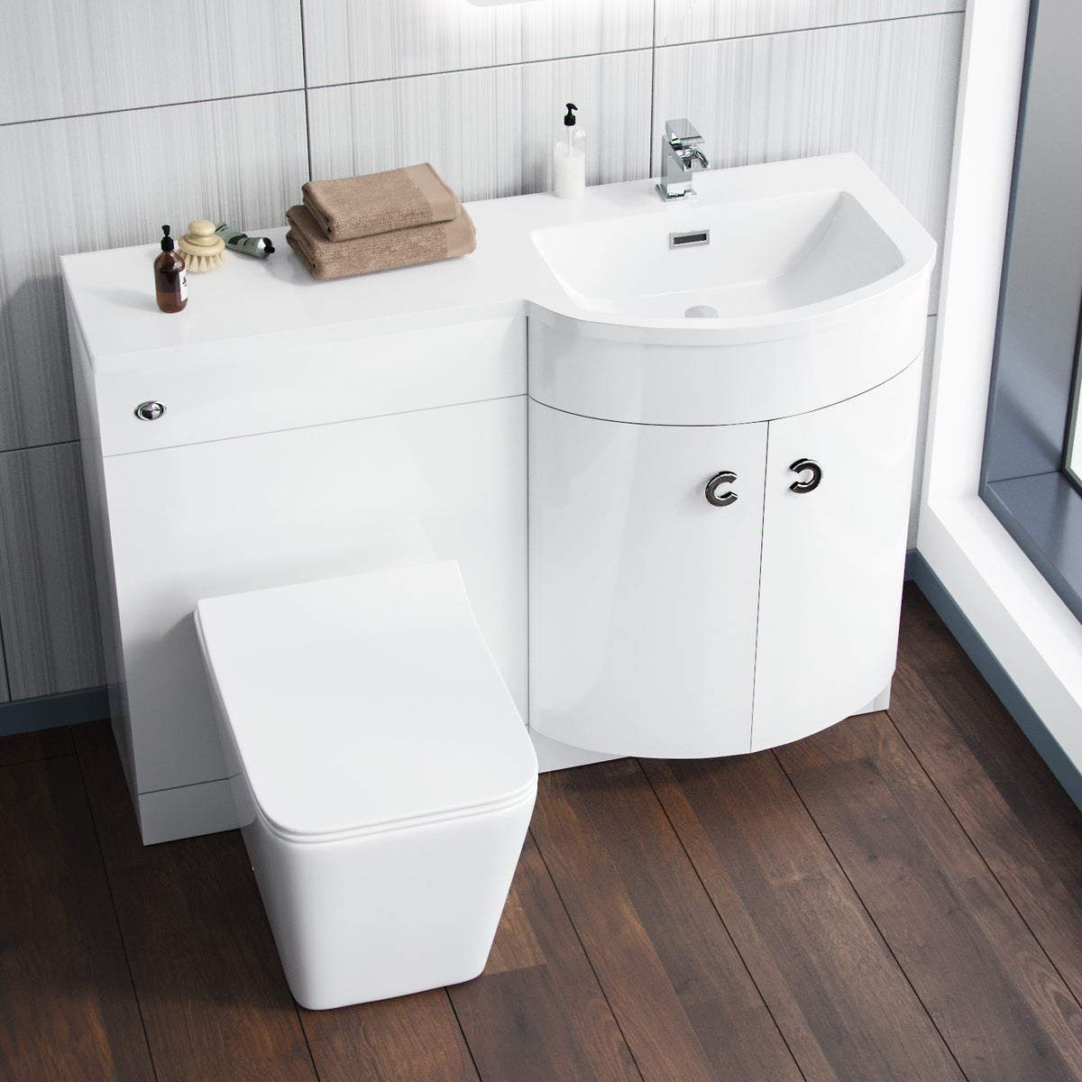 White 1100mm RH Vanity Unit and WC Toilet Sink Cabinet Combination