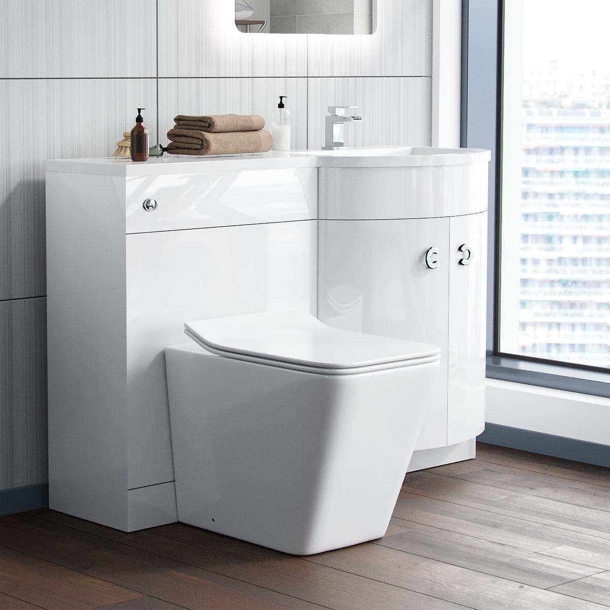 White 1100mm RH Vanity Unit and WC Toilet Sink Cabinet Combination