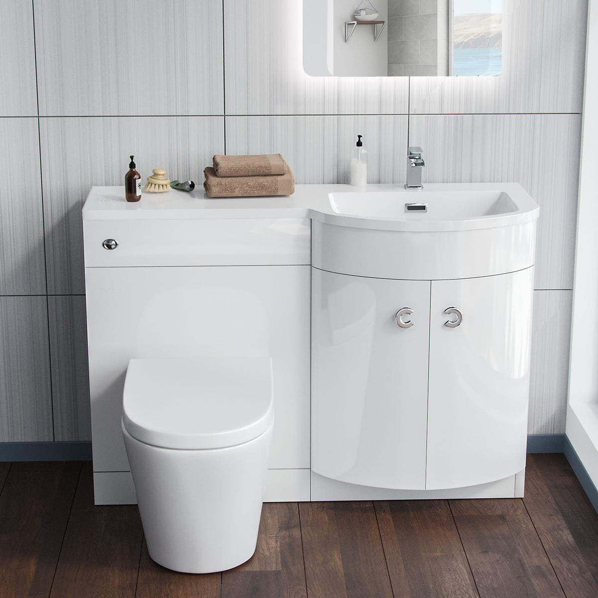 Dene White 1100mm Bathroom P-Shape RH Basin Vanity Unit WC BTW Toilet