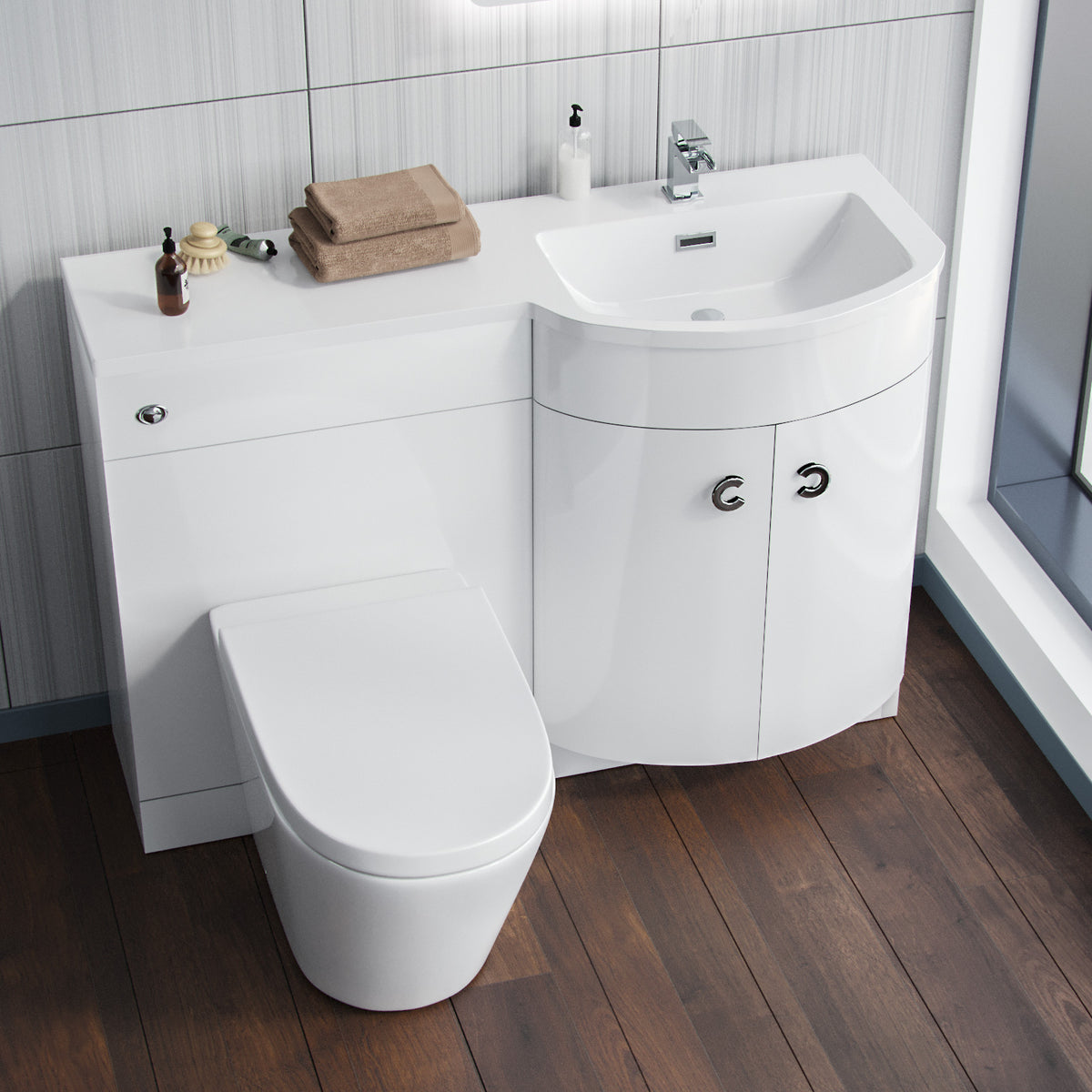 Dene White 1100mm Bathroom P-Shape RH Basin Vanity Unit WC BTW Toilet