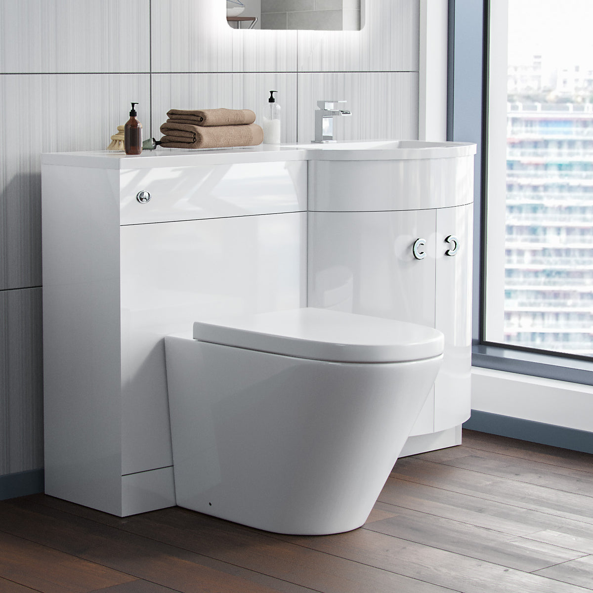 Dene White 1100mm Bathroom P-Shape RH Basin Vanity Unit WC BTW Toilet