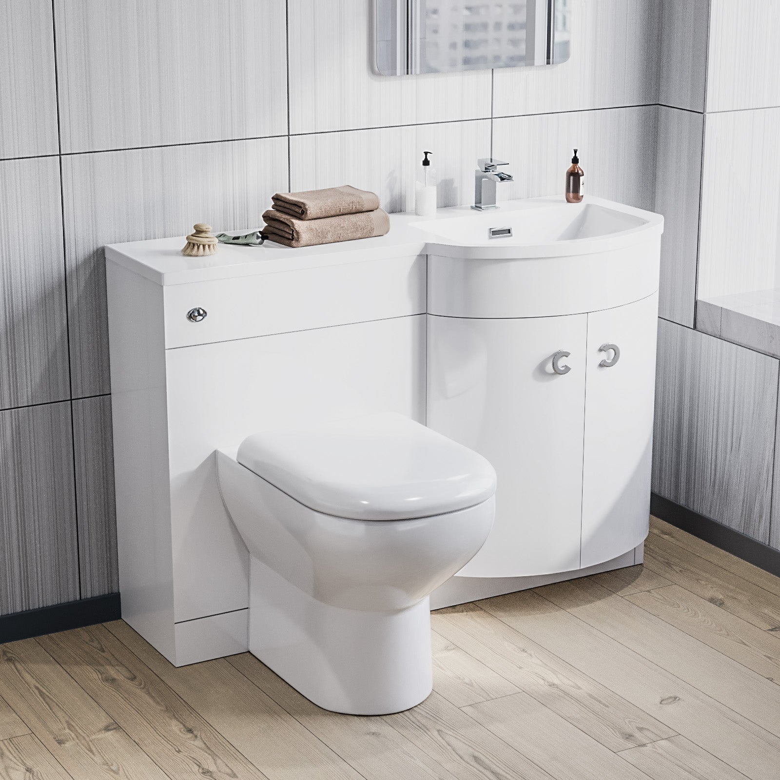 1100mm Right Hand Sink White Combination Vanity Unit with BTW Toilet