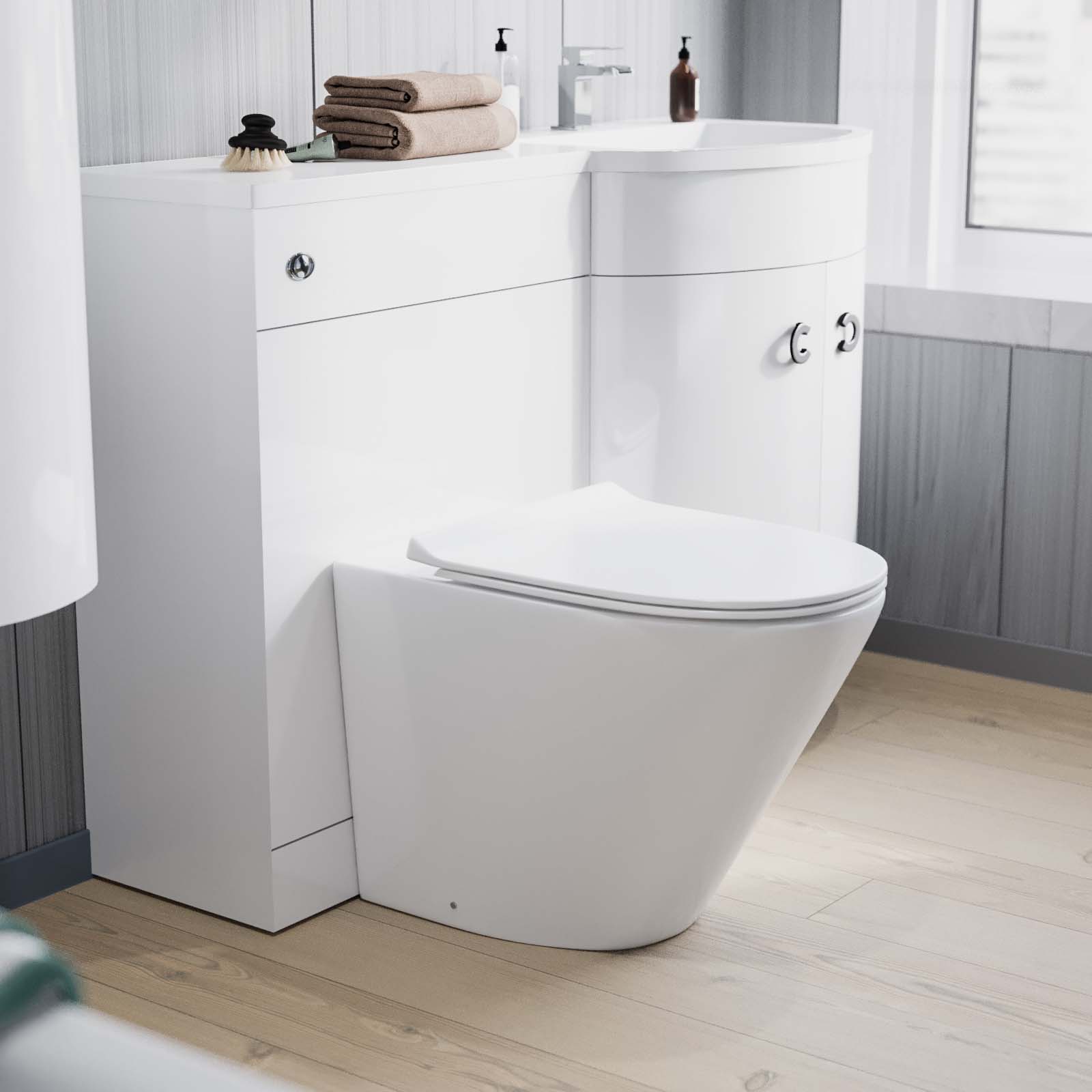 Dene L-Shaped LH Shower Bath Basin Vanity Unit White & Rimless BTW Toilet