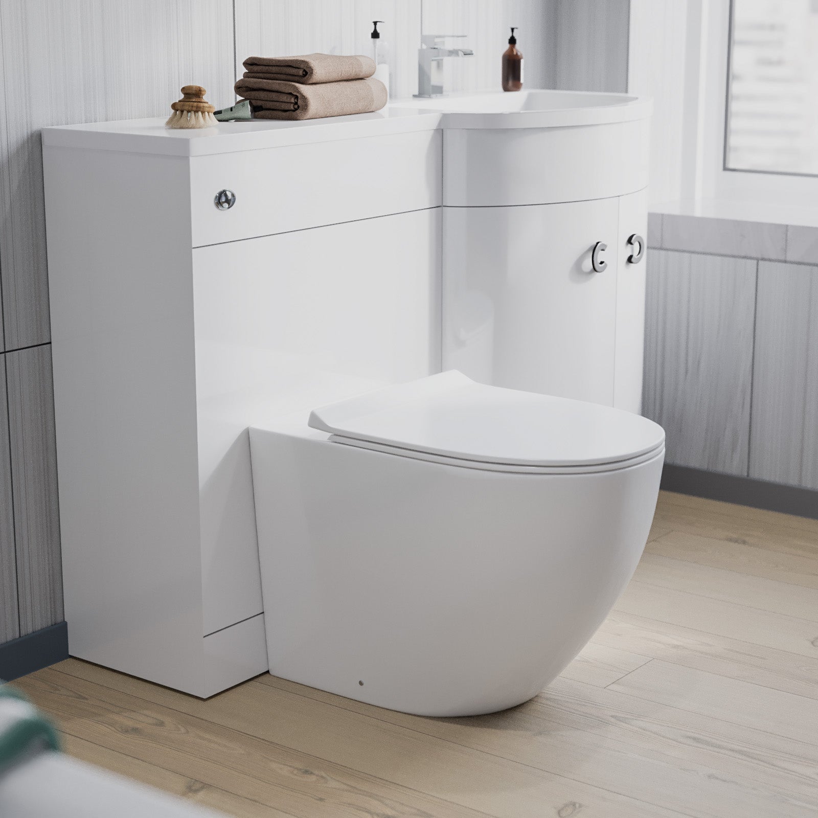 Dene | 1100mm RH Back To Wall toilet, Soft Close Toilet & Resin Basin White