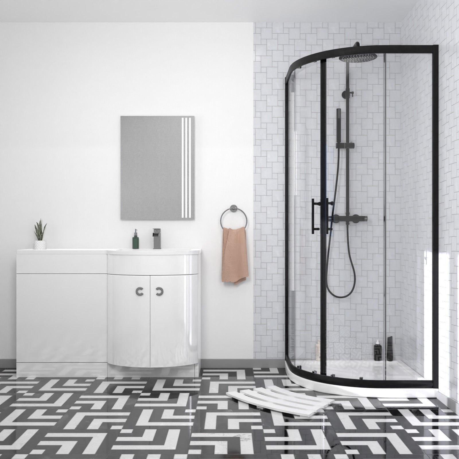 Elton Matte Black Quadrant 800mm Shower Enclosure & Right Hand Vanity Combination Unit