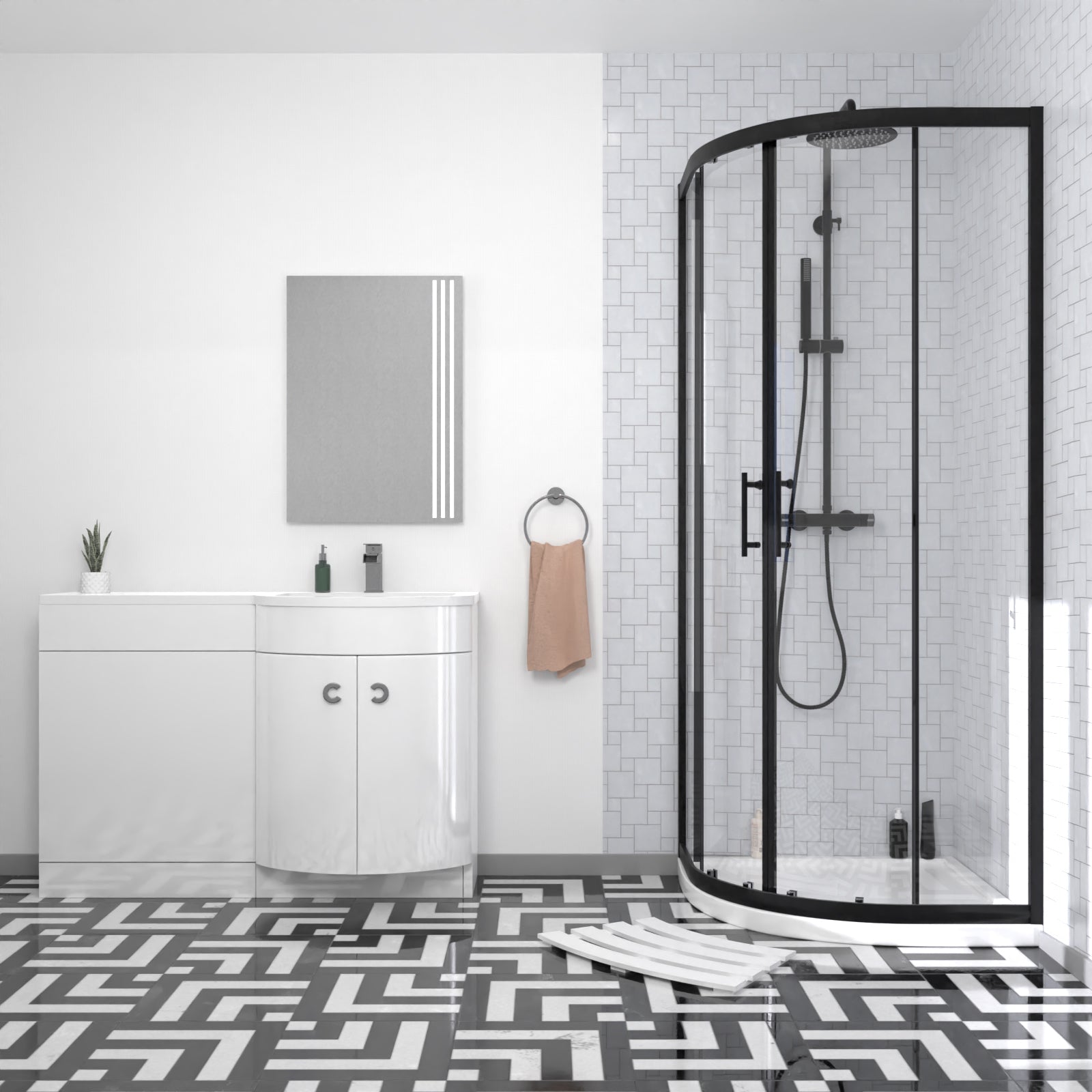 Elton Matte Black Quadrant 800mm Shower Enclosure & Right Hand Vanity Combination Unit