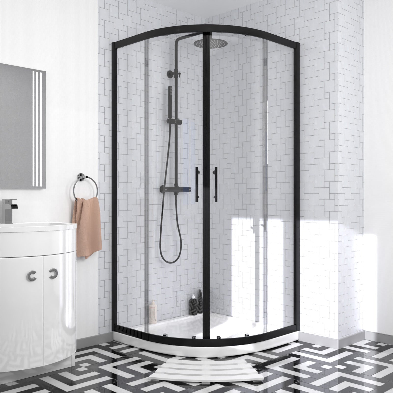 Elton Matte Black Quadrant 900mm Shower Enclosure & Right Hand Vanity Combination Unit