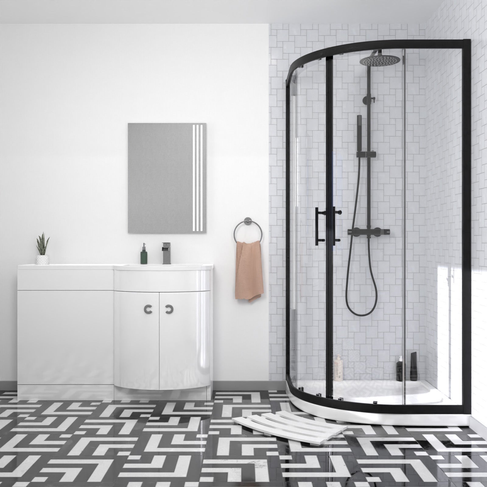 Elton Matte Black Quadrant 900mm Shower Enclosure & Right Hand Vanity Combination Unit