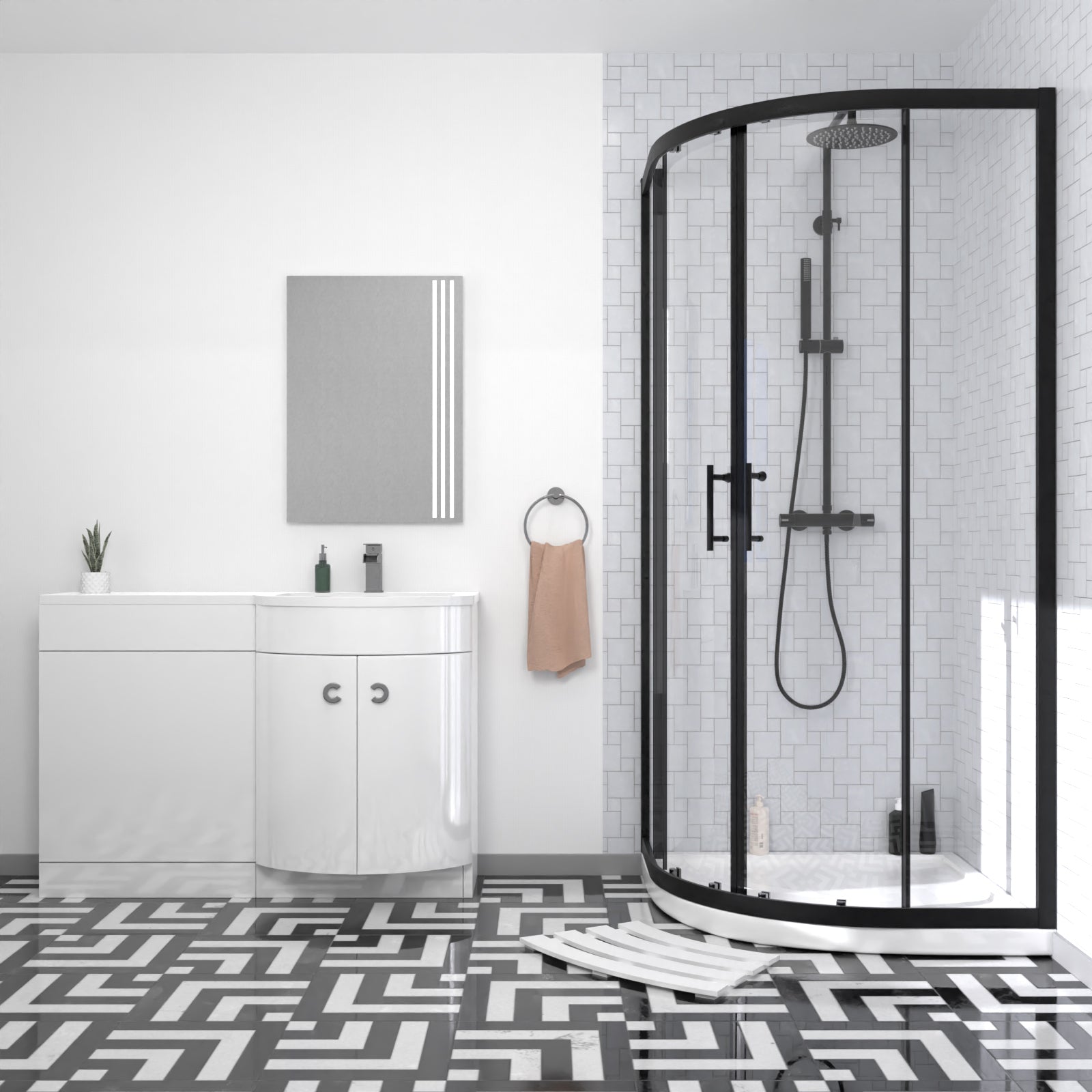 Elton Matte Black Quadrant 900mm Shower Enclosure & Right Hand Vanity Combination Unit