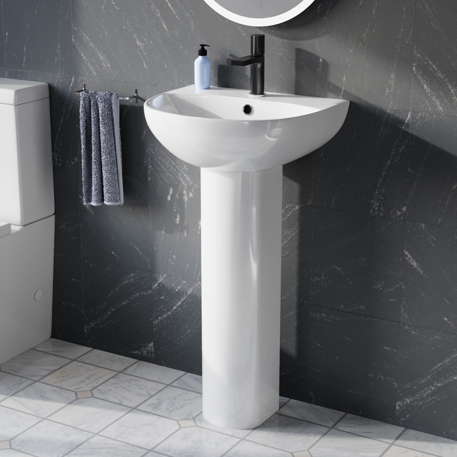 White 450mm Round Slim Edge Full Pedestal Basin