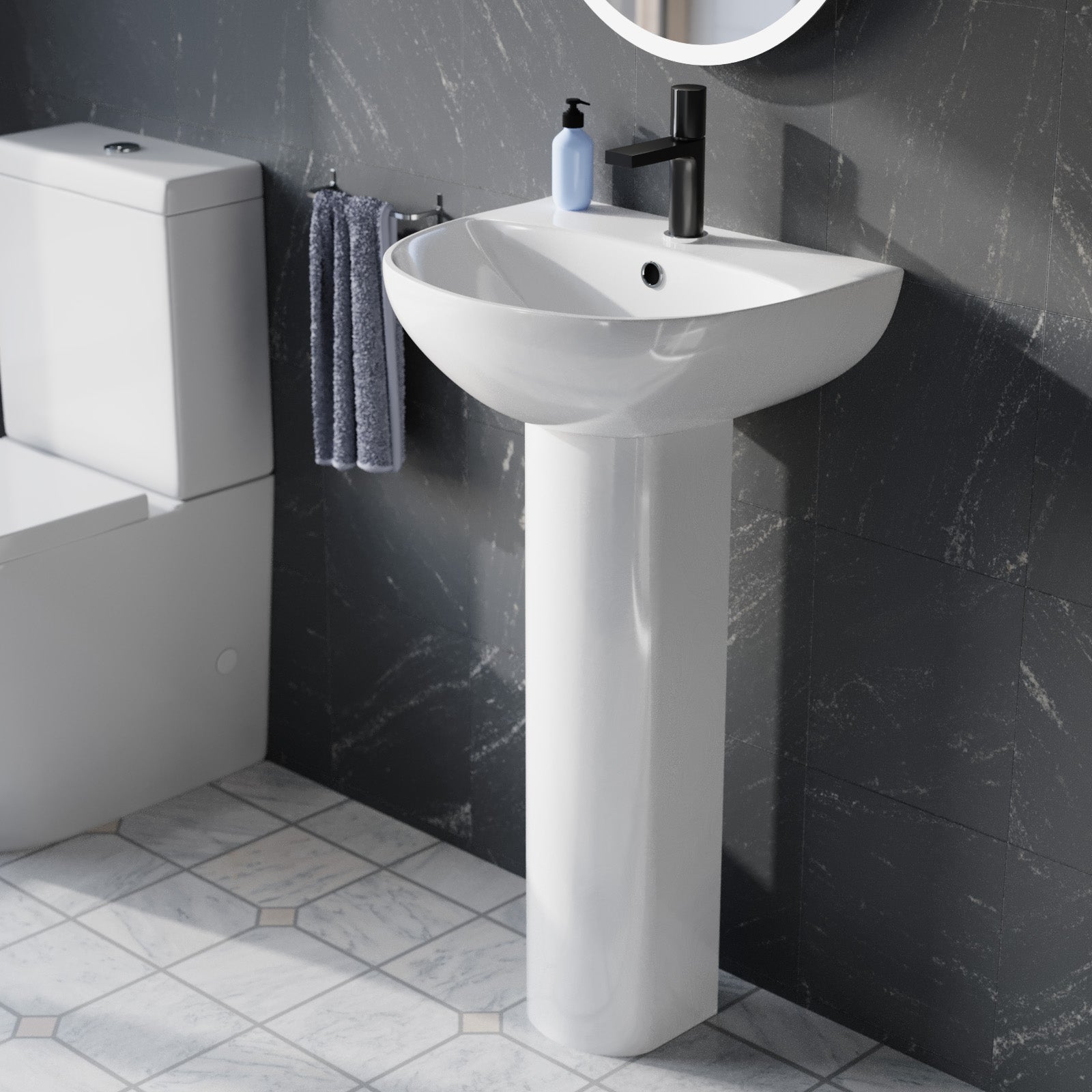 White 450mm Round Slim Edge Full Pedestal Basin