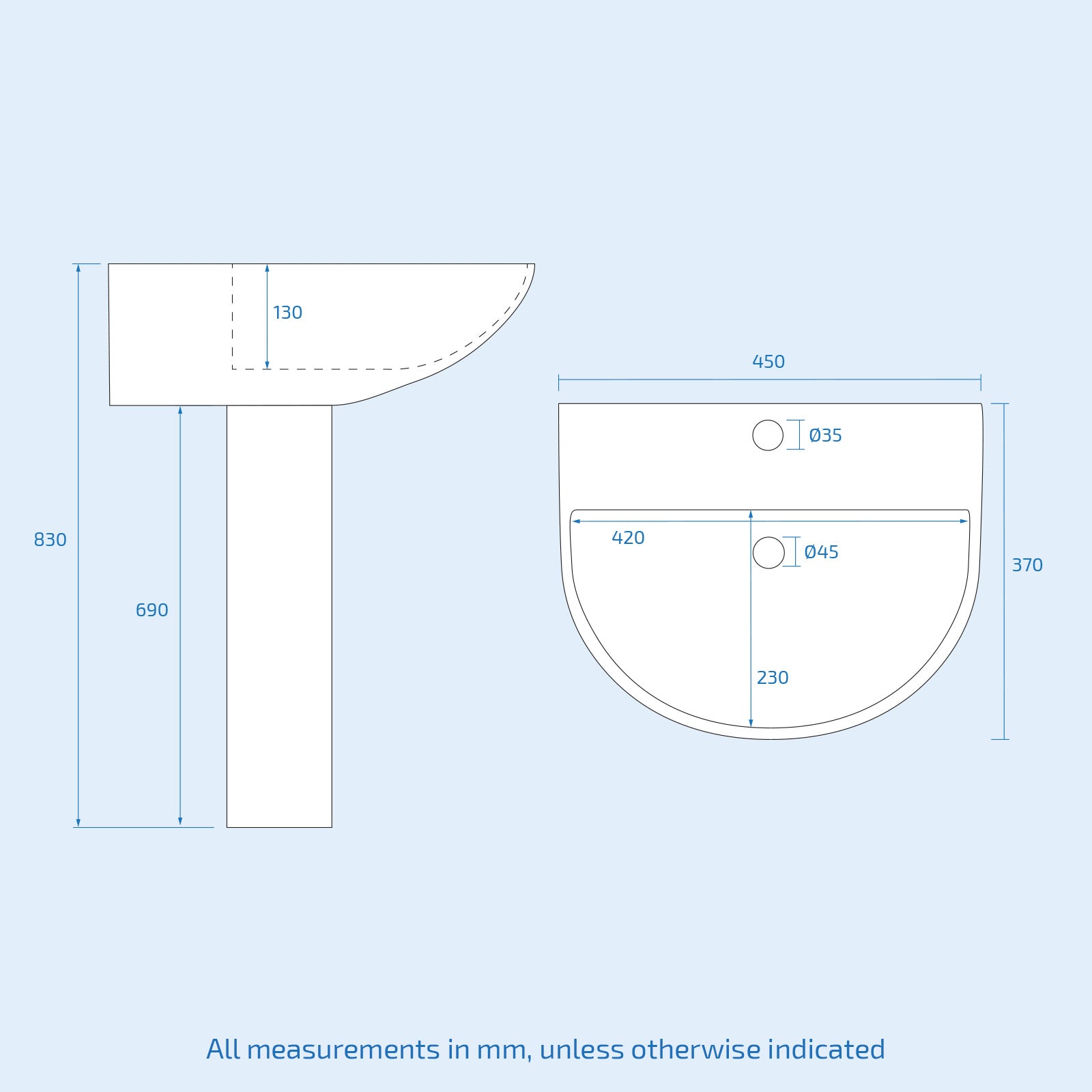 White 450mm Round Slim Edge Pedestal Basin Toilet Shower Screen & Tray