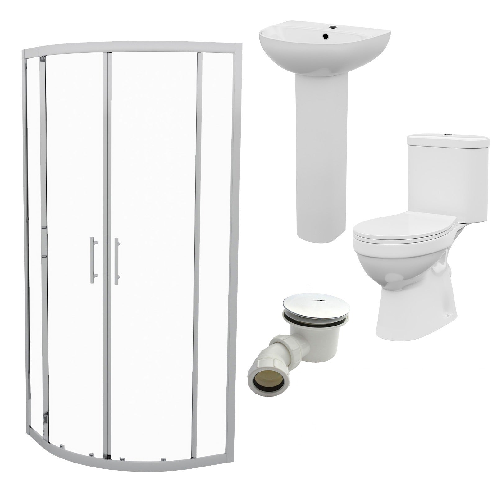 White 450mm Round Slim Edge Pedestal Basin With Toilet & Quadrant Shower Screen