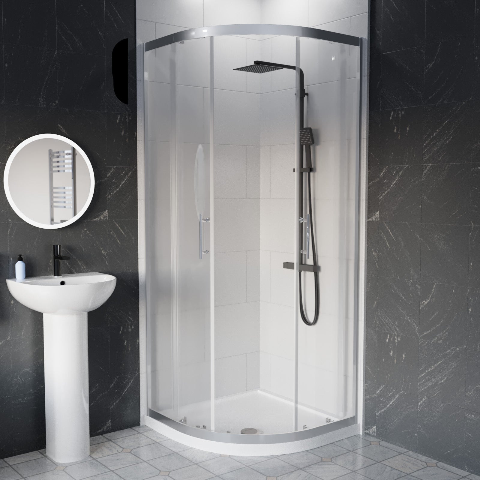 White 450mm Round Slim Edge Pedestal Basin With Toilet & Quadrant Shower Screen