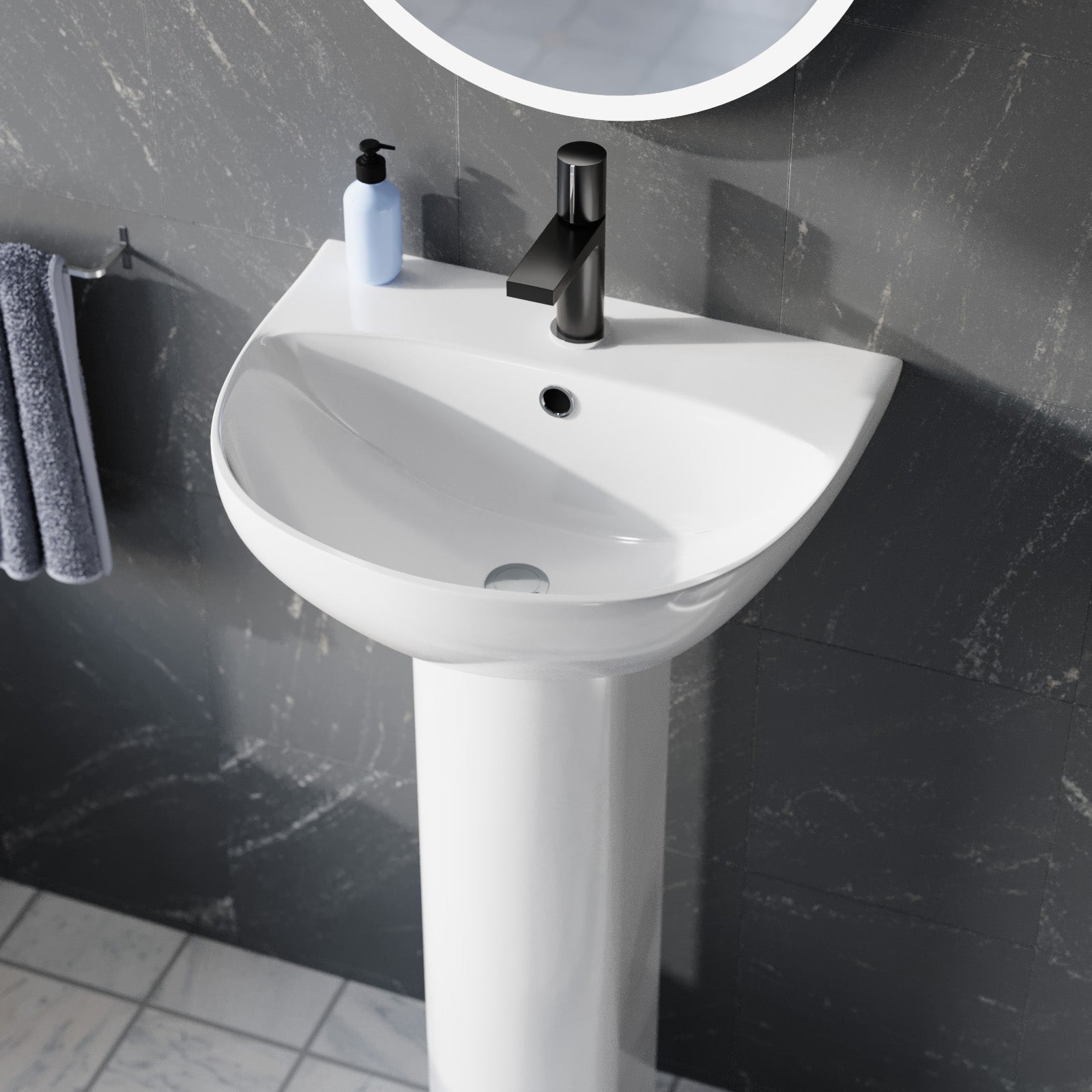 White 450mm Round Slim Edge Pedestal Basin With Toilet & Quadrant Shower Screen
