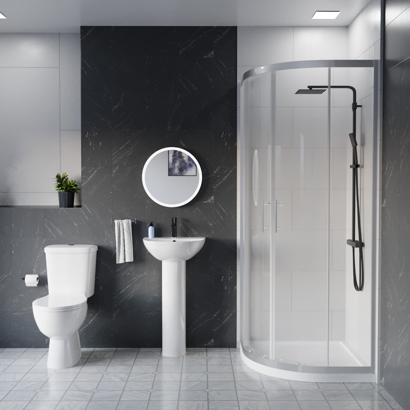 Full Pedestal 450mm Slim Edge Basin with ECO-Toilet and Shower Enclosure with Tray