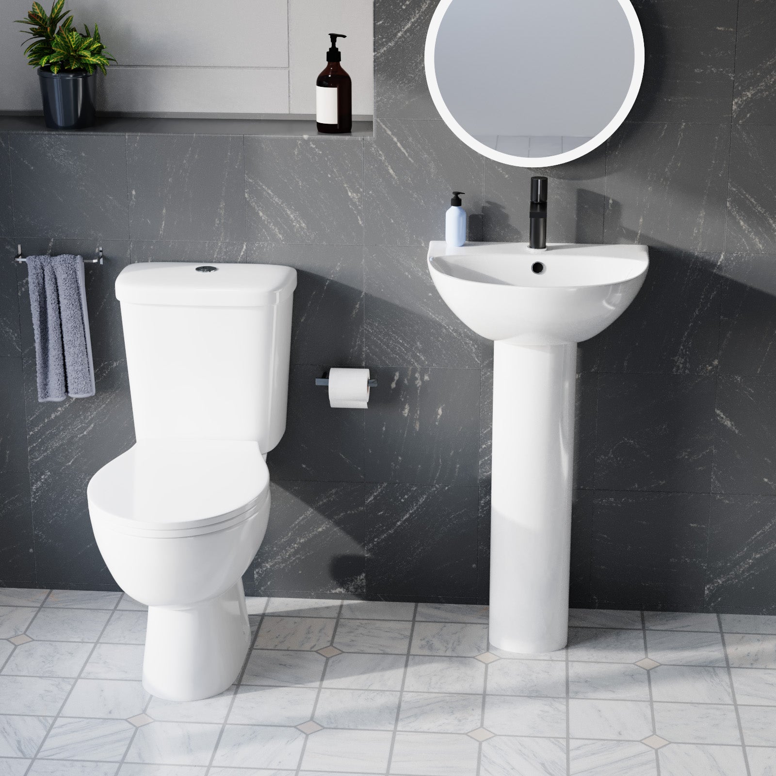 White 450mm Round Slim Edge Pedestal Basin with Closed Coupled Toilet