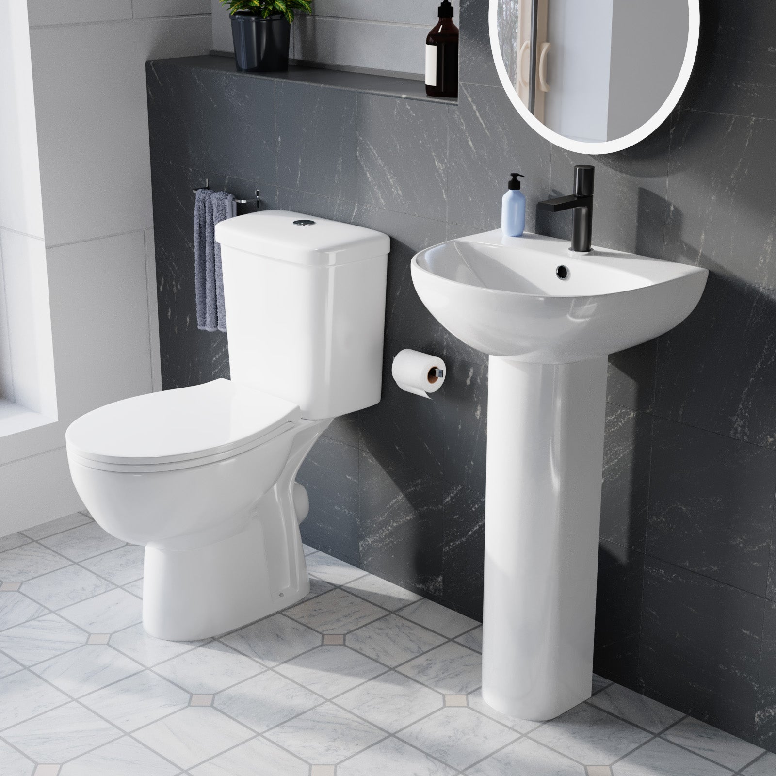 White 450mm Round Slim Edge Pedestal Basin with Closed Coupled Toilet