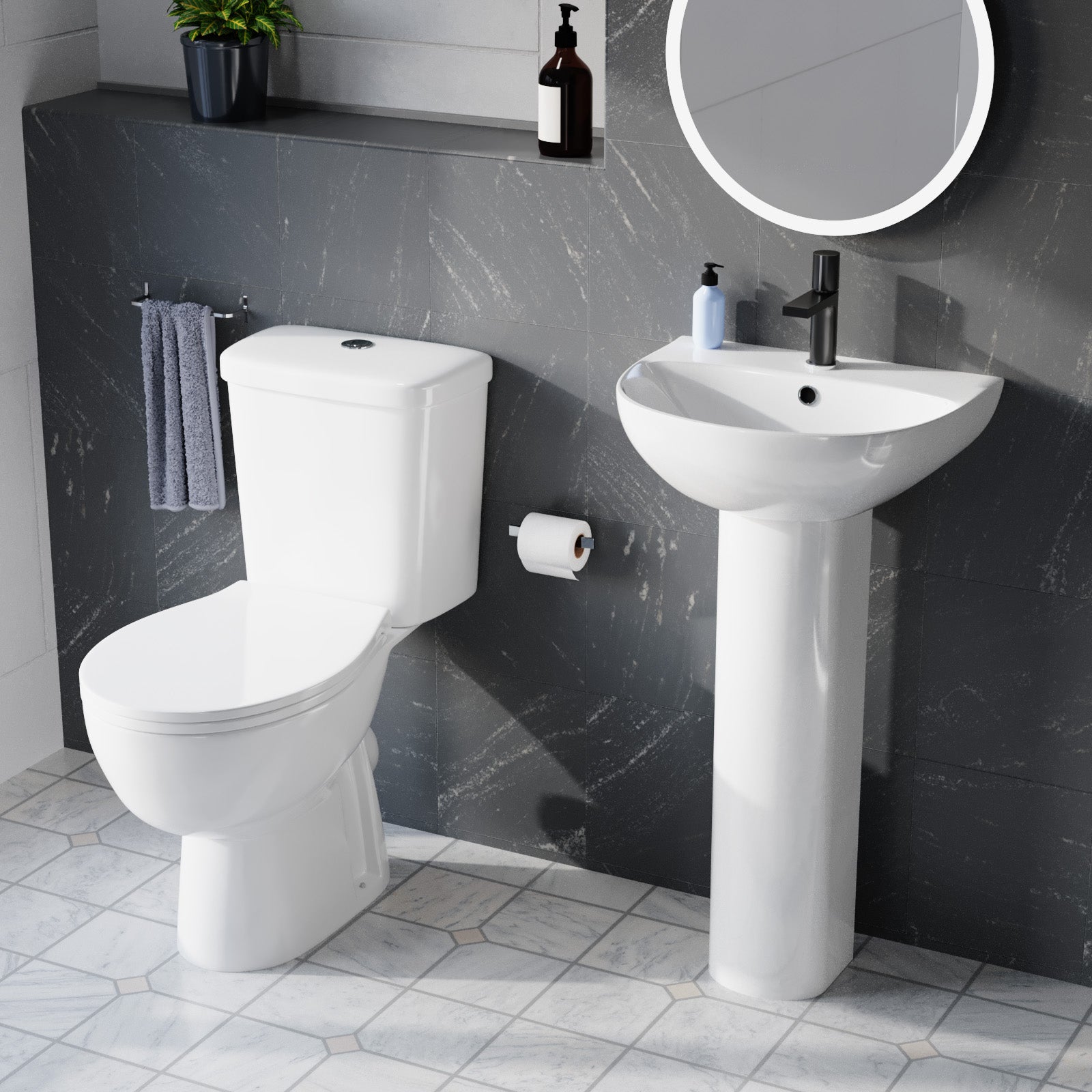 White 450mm Round Slim Edge Pedestal Basin with Closed Coupled Toilet