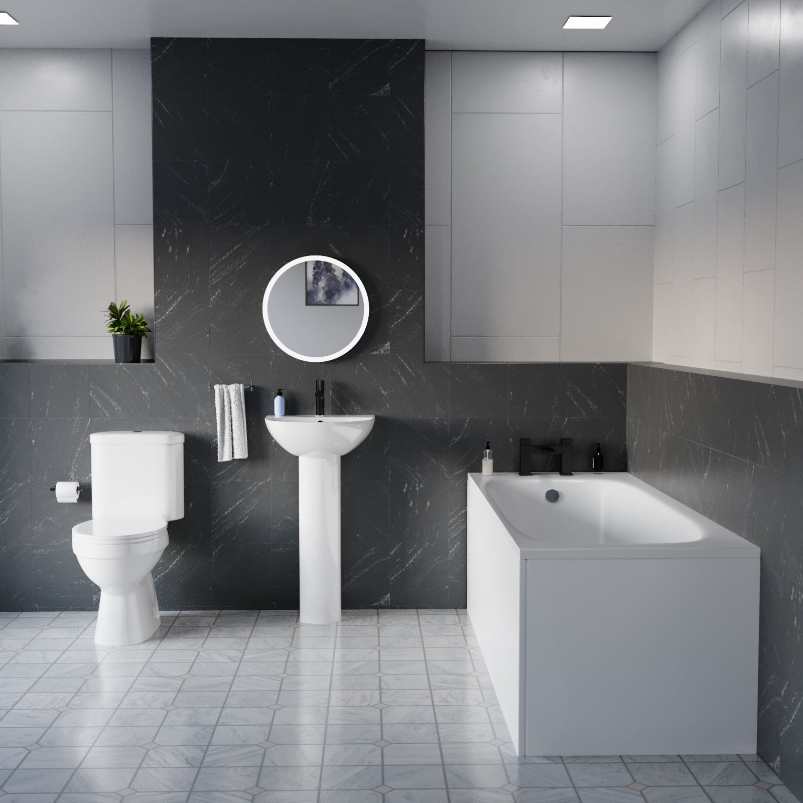 Cassis Basics 1700mm Bathroom Suite with Bath, Panel & 450mm Pedestal Basin