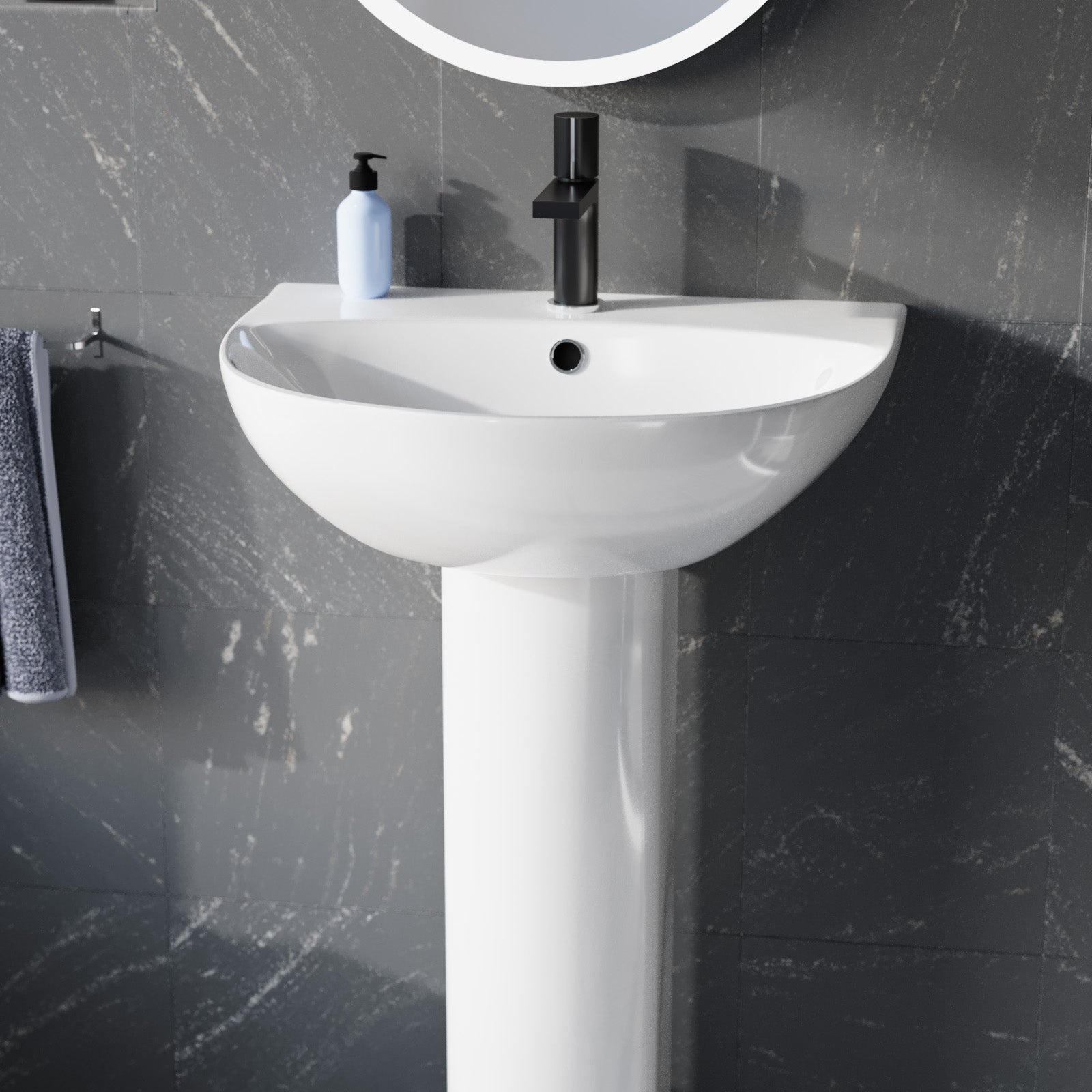 White 500mm Round Slim Edge Full Pedestal Basin