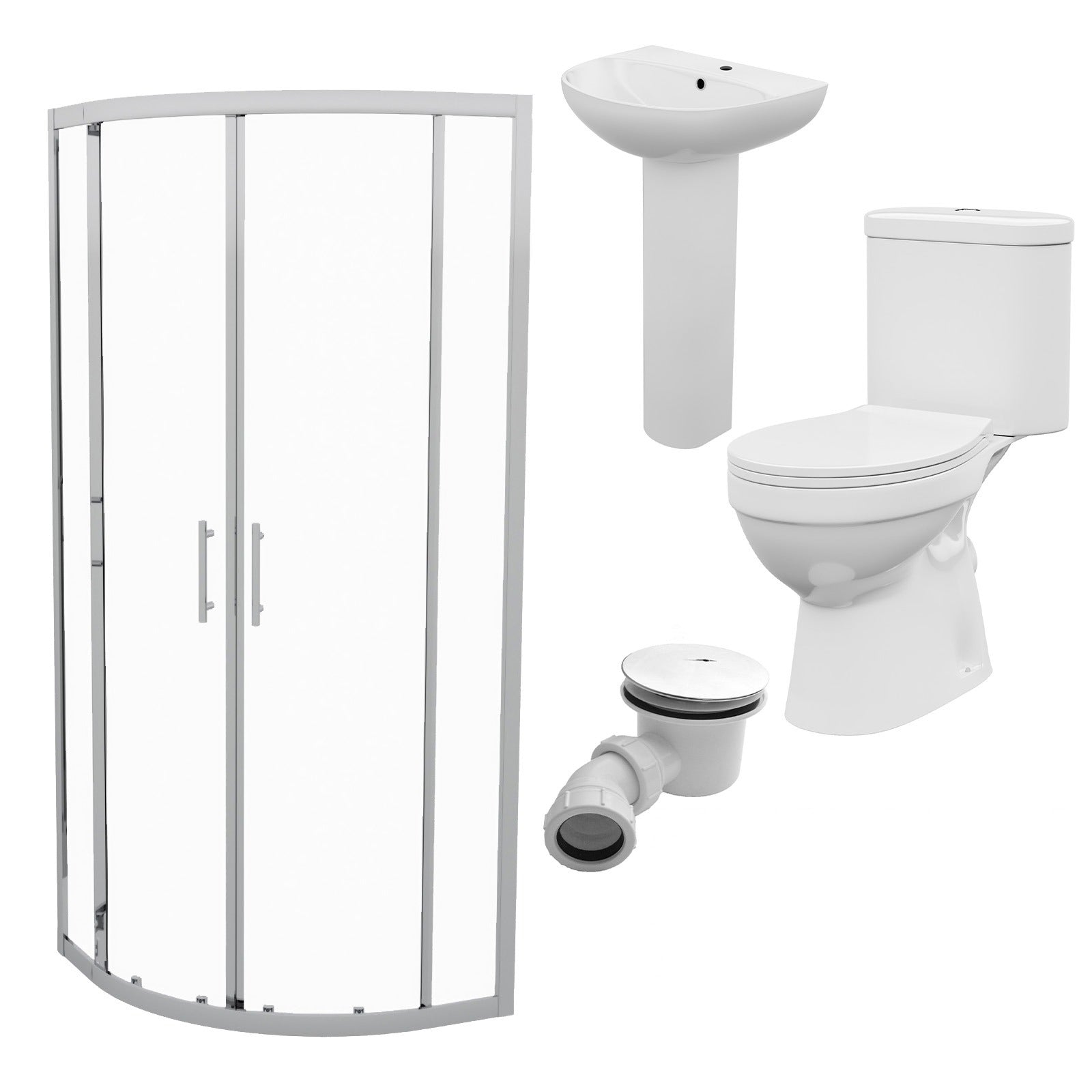 White 550mm Round Slim Edge Pedestal Basin With Toilet & Quadrant Shower Screen