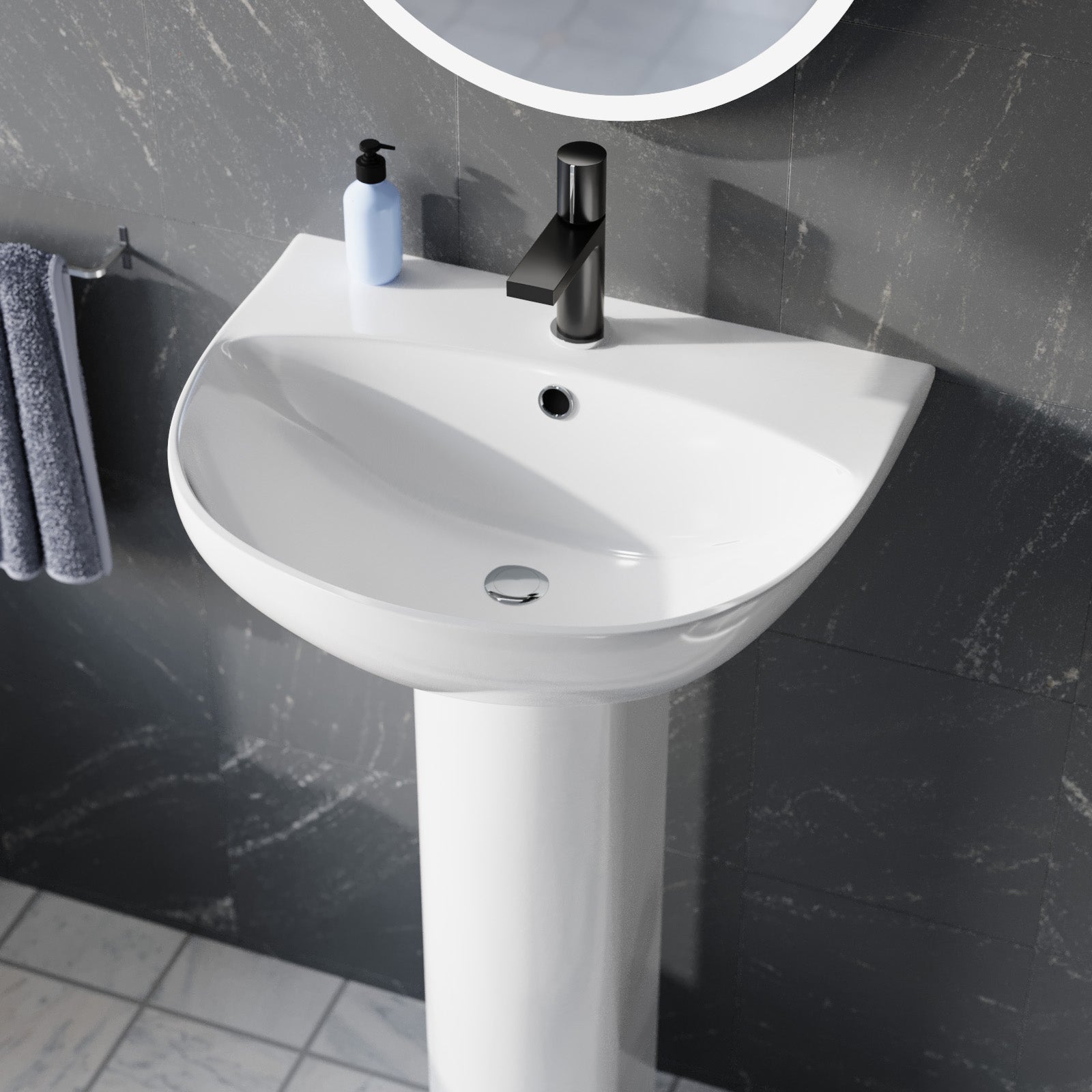 White 550mm Round Slim Edge Pedestal Basin With Toilet & Quadrant Shower Screen
