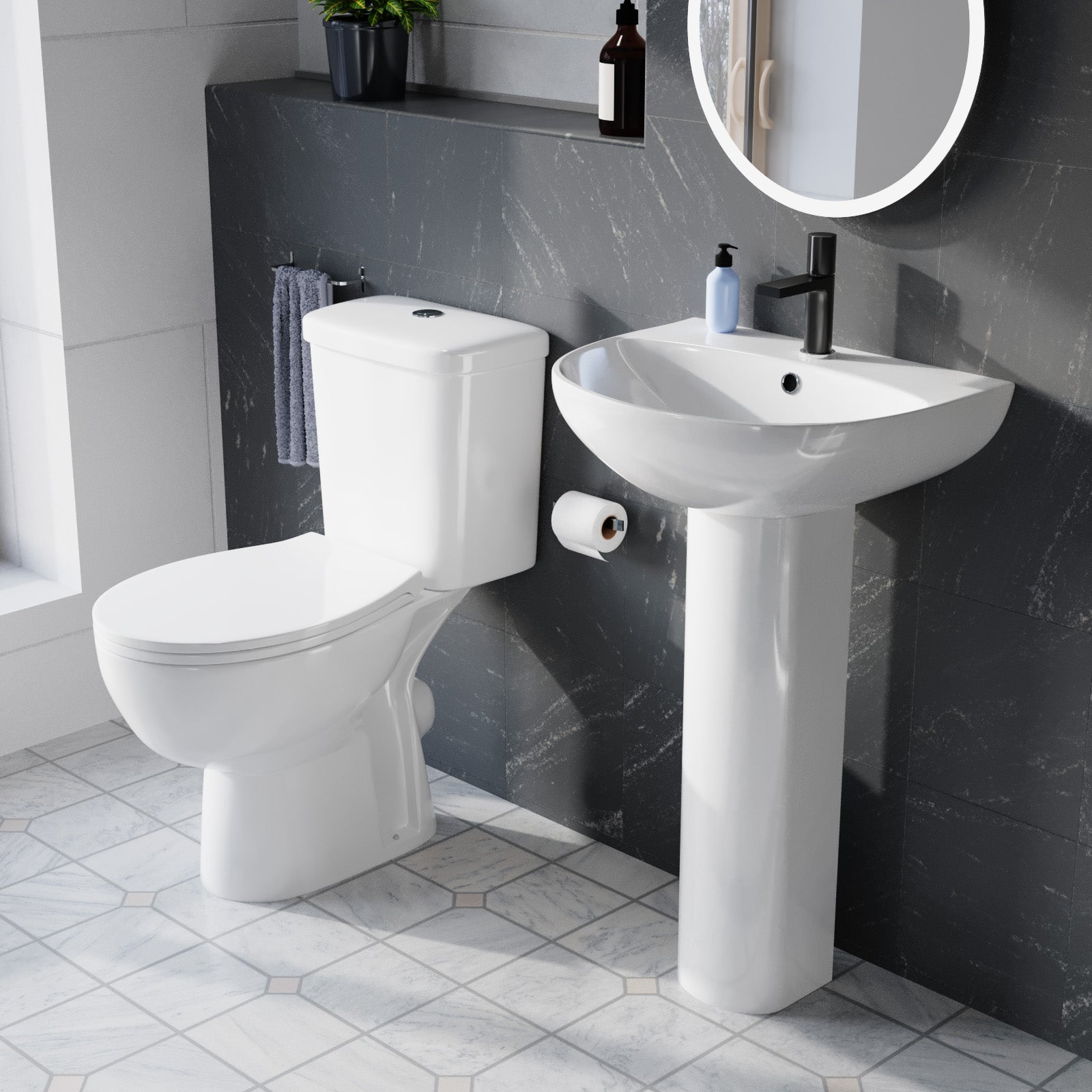 White 500mm Round Slim Edge Pedestal Basin with Closed Coupled Toilet