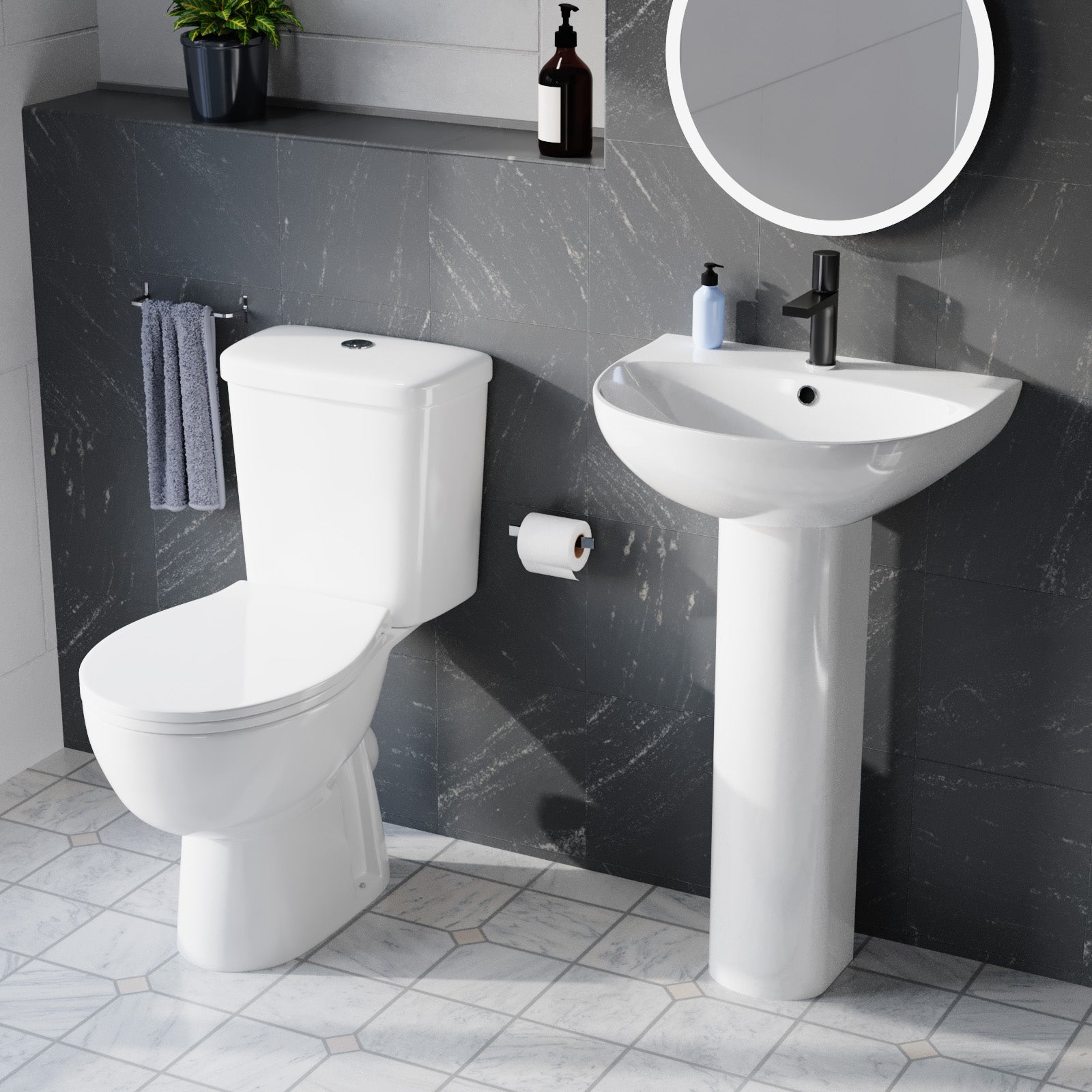 White 500mm Round Slim Edge Pedestal Basin with Closed Coupled Toilet