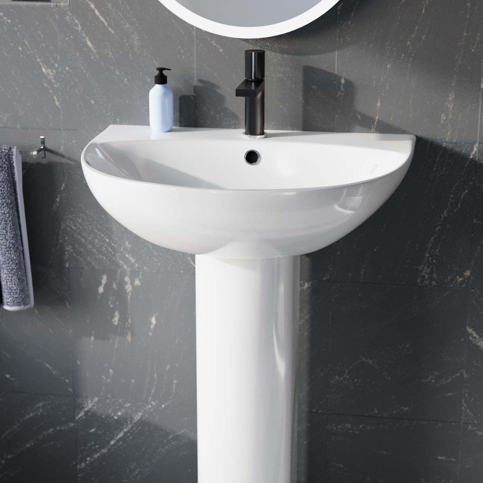 White 550mm Round Slim Edge Full Pedestal Basin