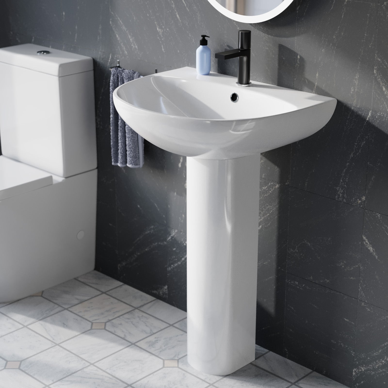White 550mm Round Slim Edge Full Pedestal Basin