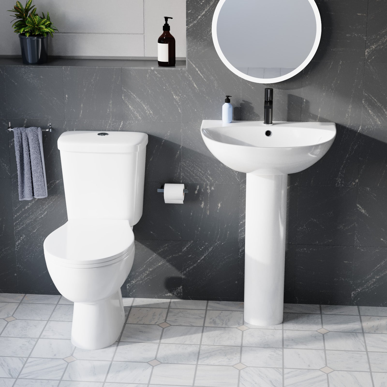White 550mm Round Slim Edge Pedestal Basin with Closed Coupled Toilet