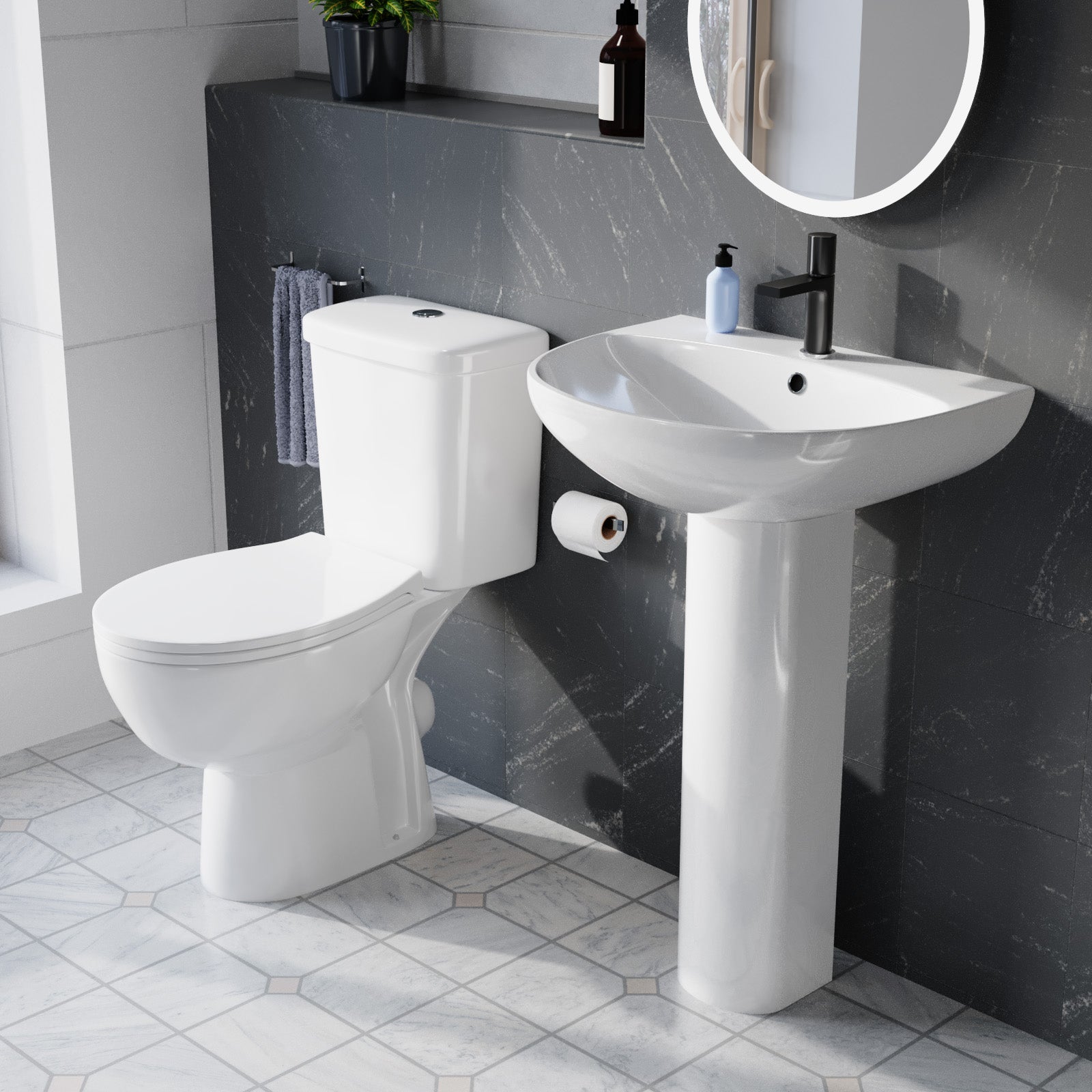 White 550mm Round Slim Edge Pedestal Basin with Closed Coupled Toilet