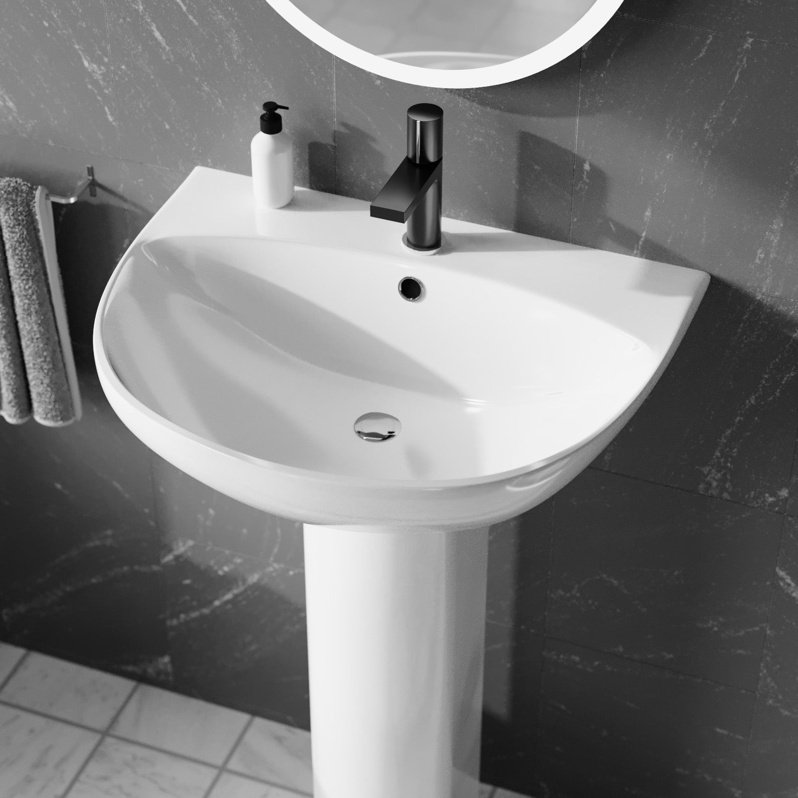 White 550mm Round Slim Edge Pedestal Basin with Closed Coupled Toilet