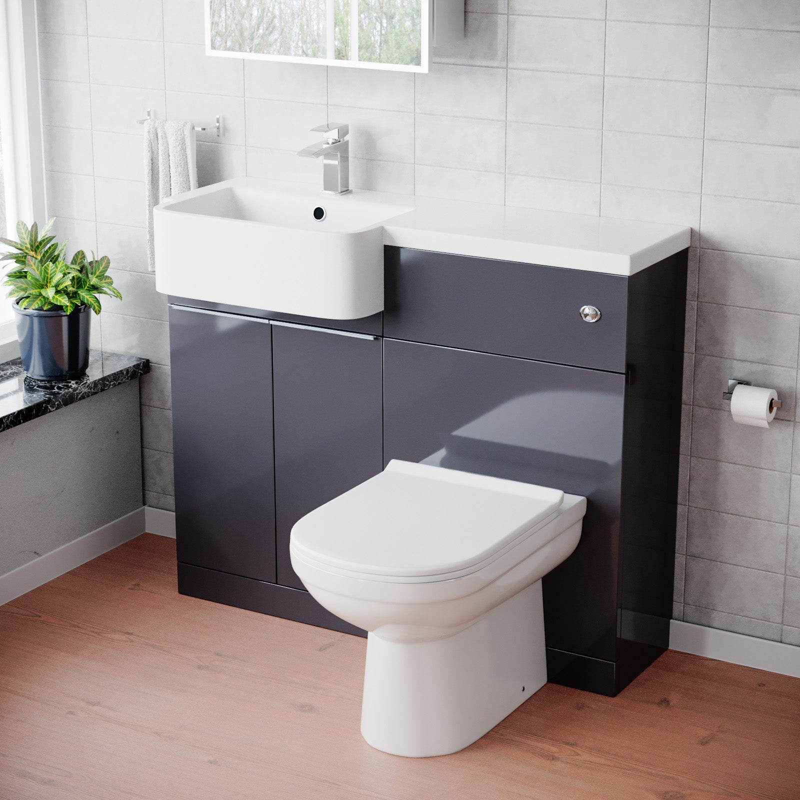 Bretford 1000mm Dark Grey LH Freestanding Cabinet with Basin, WC Unit & Toilet