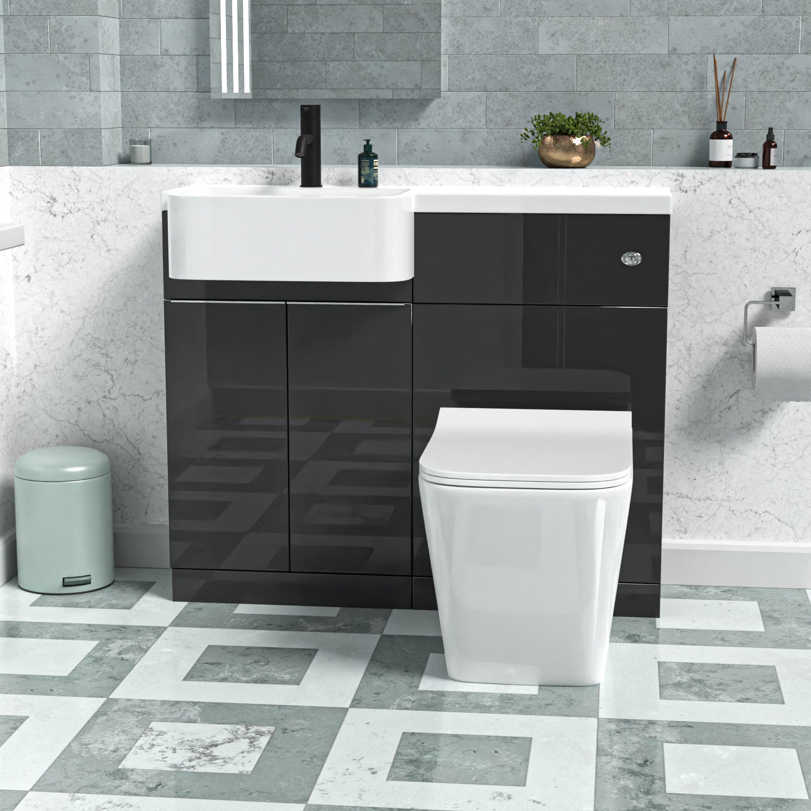 1000mm Left Hand Dark Grey Basin Vanity WC Unit Square BTW Toilet