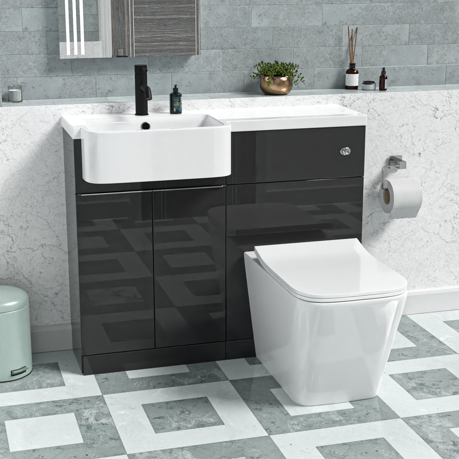 1000mm Left Hand Dark Grey Basin Vanity WC Unit Square BTW Toilet
