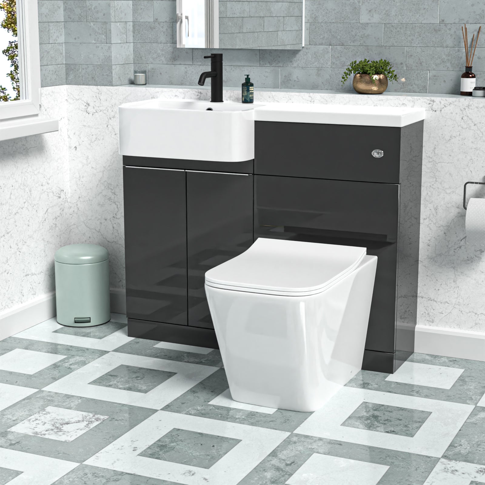1000mm Left Hand Dark Grey Basin Vanity WC Unit Square BTW Toilet