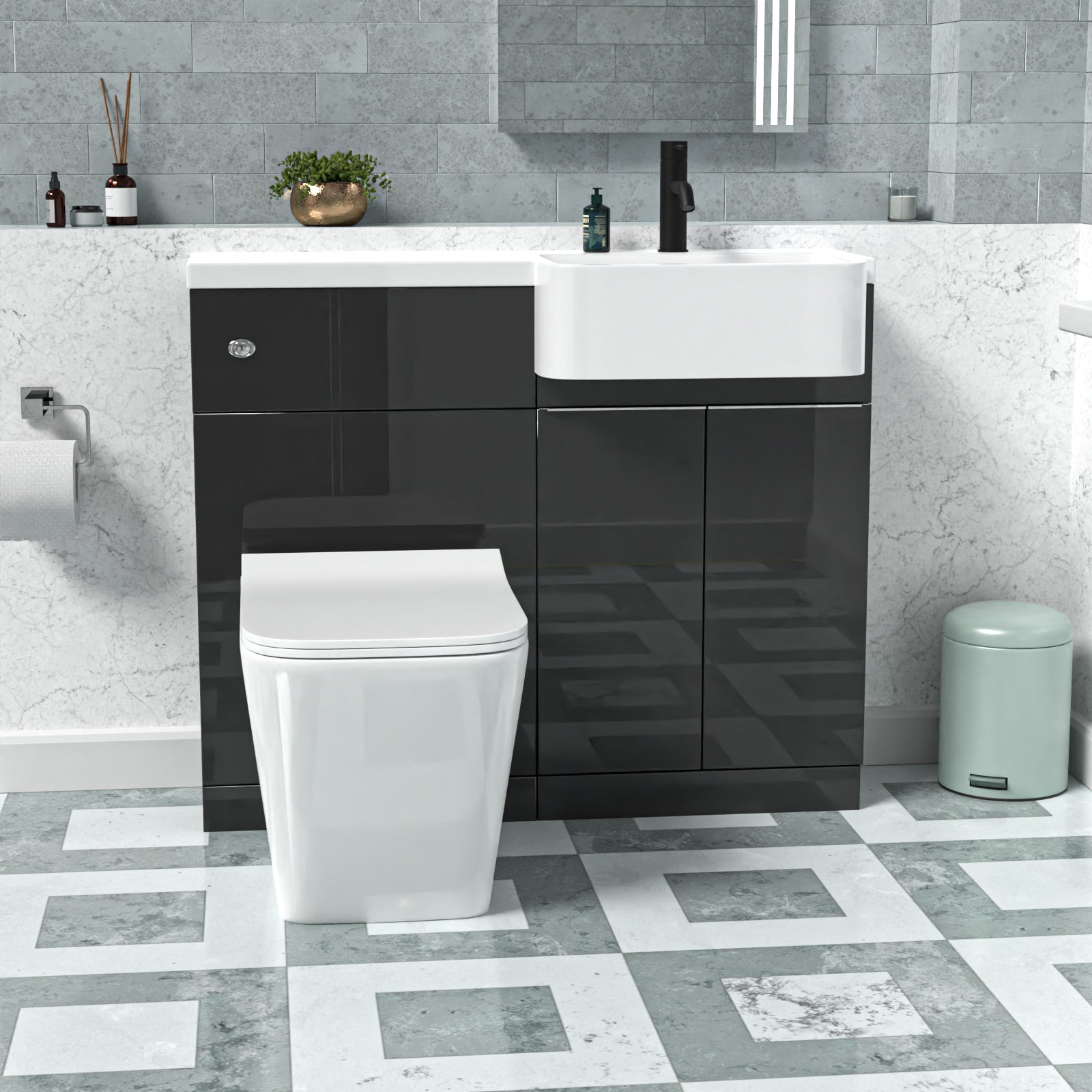 1000mm Right Hand Dark Grey Basin Vanity WC Unit Square BTW Toilet