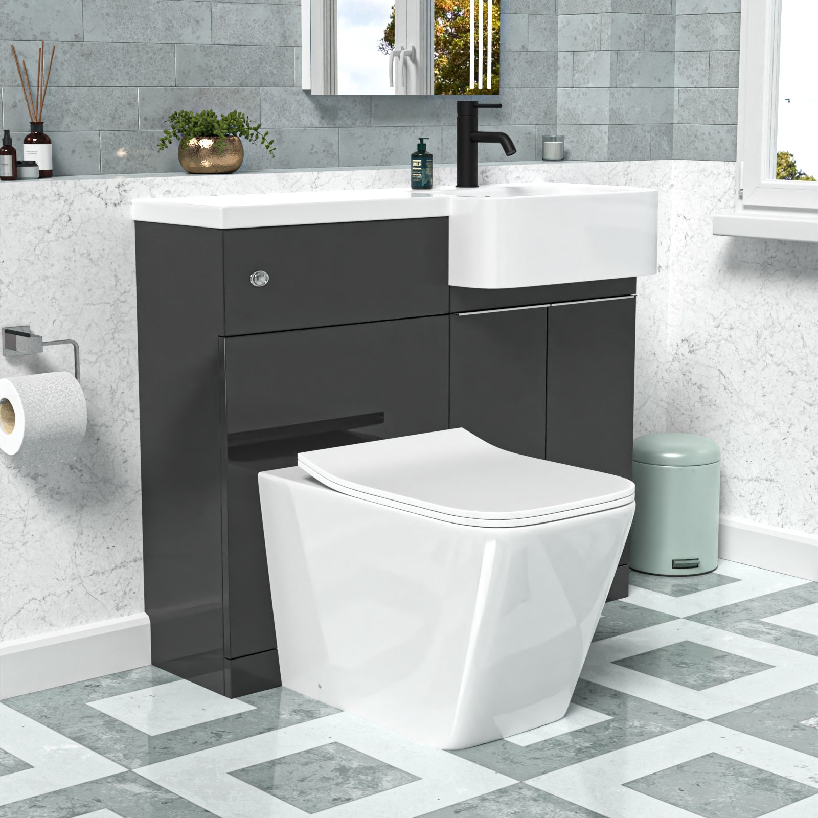 1000mm Right Hand Dark Grey Basin Vanity WC Unit Square BTW Toilet