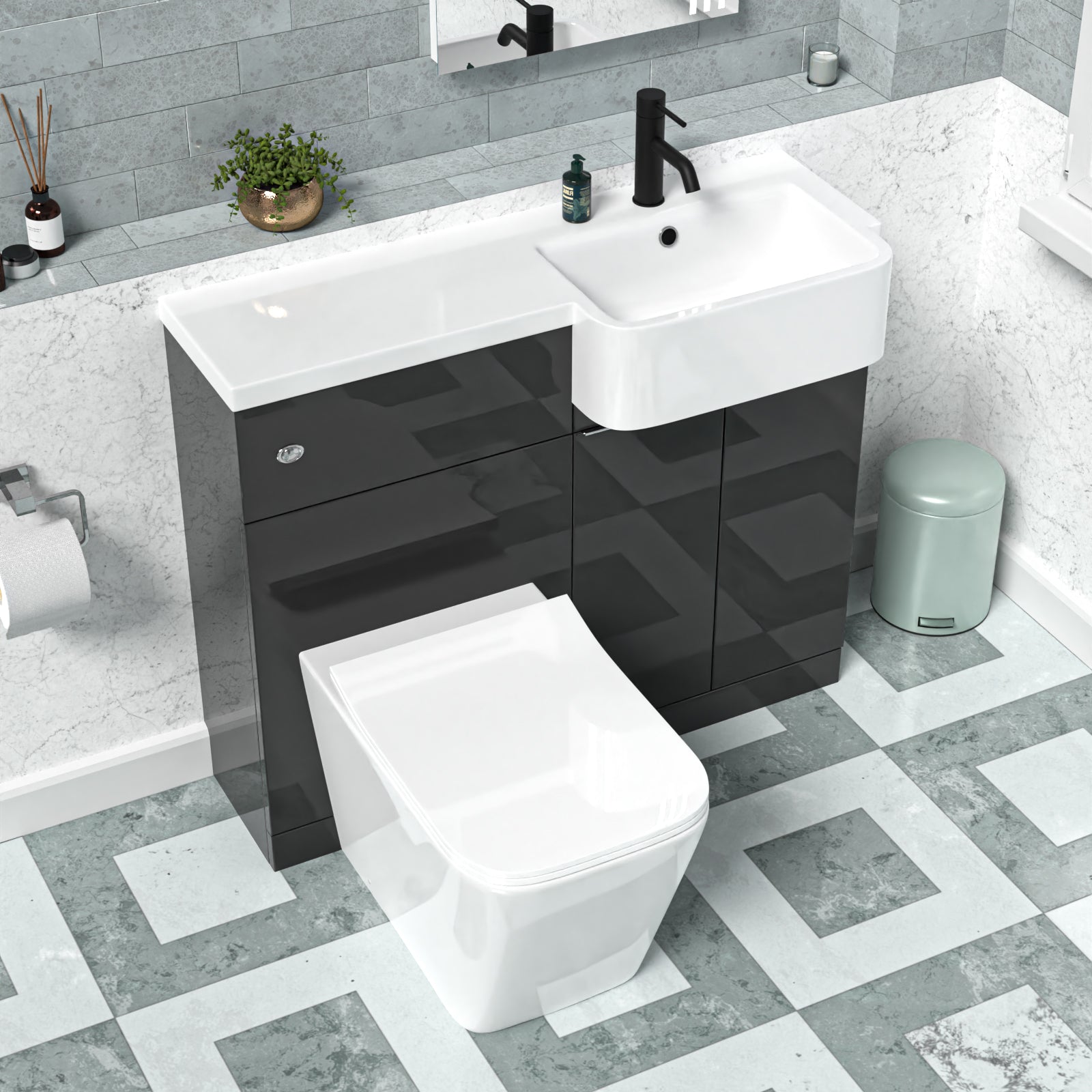 1000mm Right Hand Dark Grey Basin Vanity WC Unit Square BTW Toilet