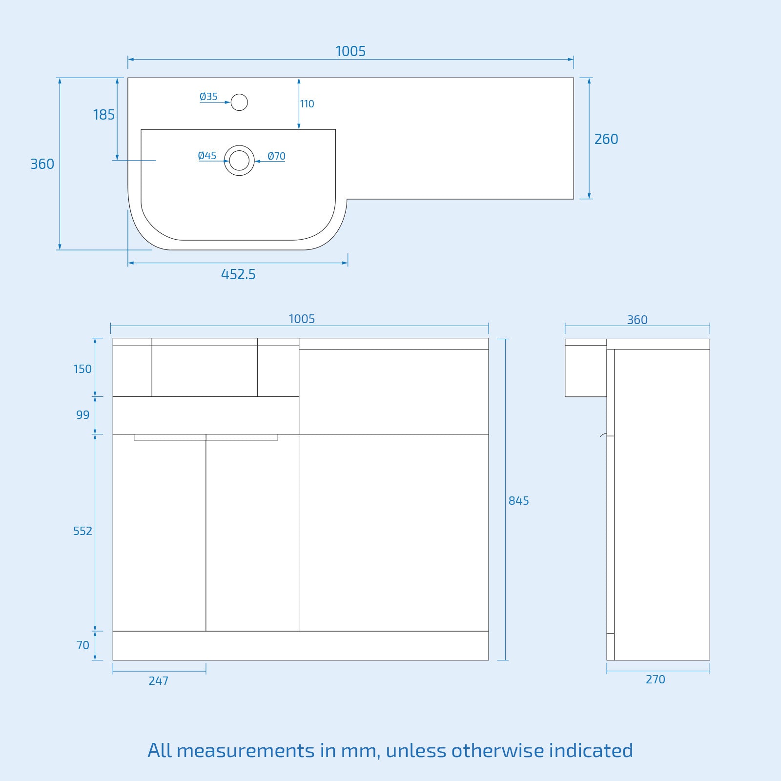 Bretford White L-Shaped LH 1700mm Shower Bath With Screen, Basin Vanity Unit With Brass Handle & Round BTW Toilet Suite