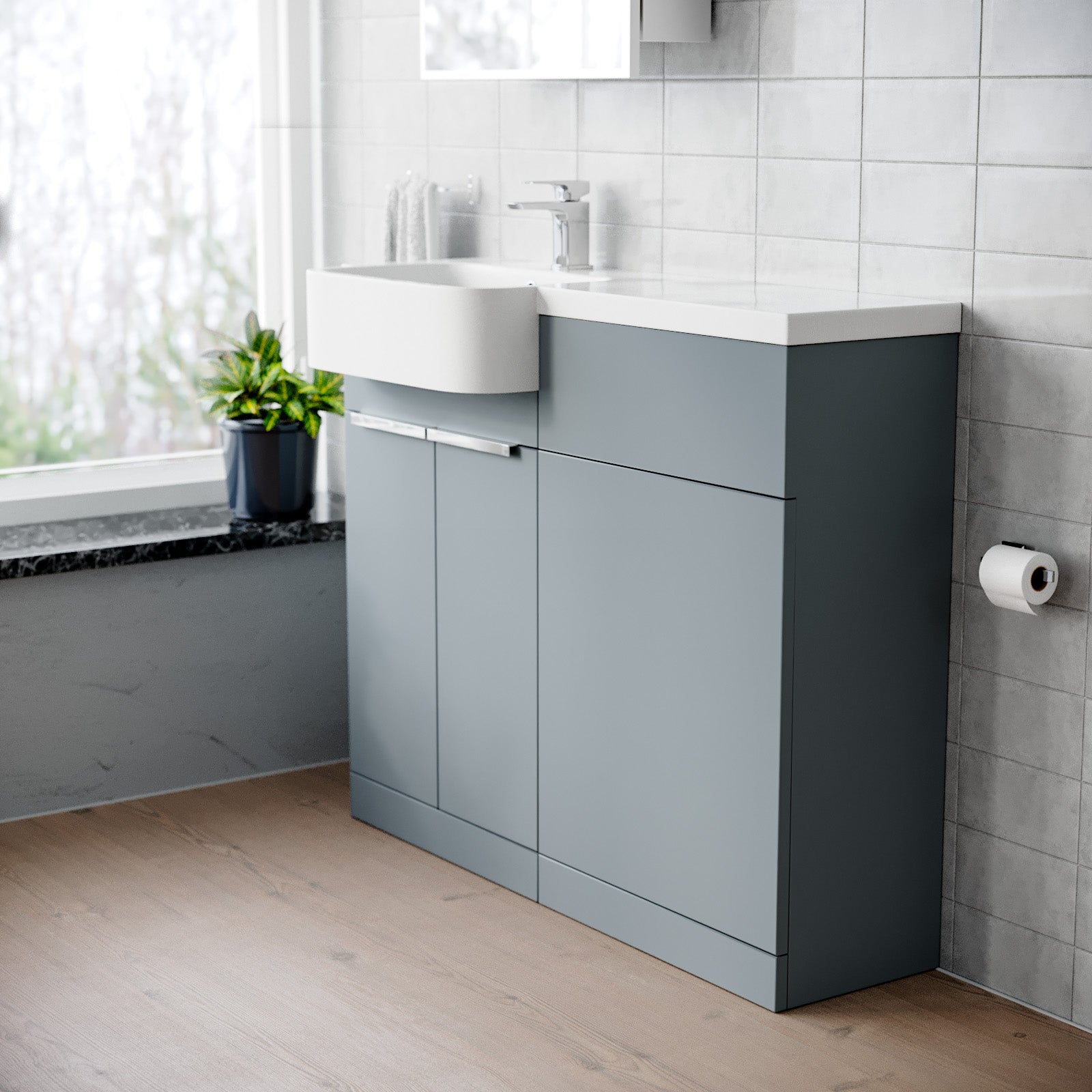 1000mm Left Hand Matte Grey Basin Vanity and WC Unit Chrome Handles